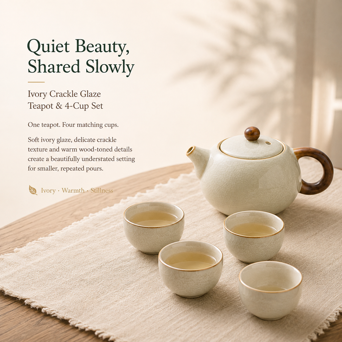 Warm Ivory Ru Ware Tea Set – 160 mL Teapot 4 Cups & Tray