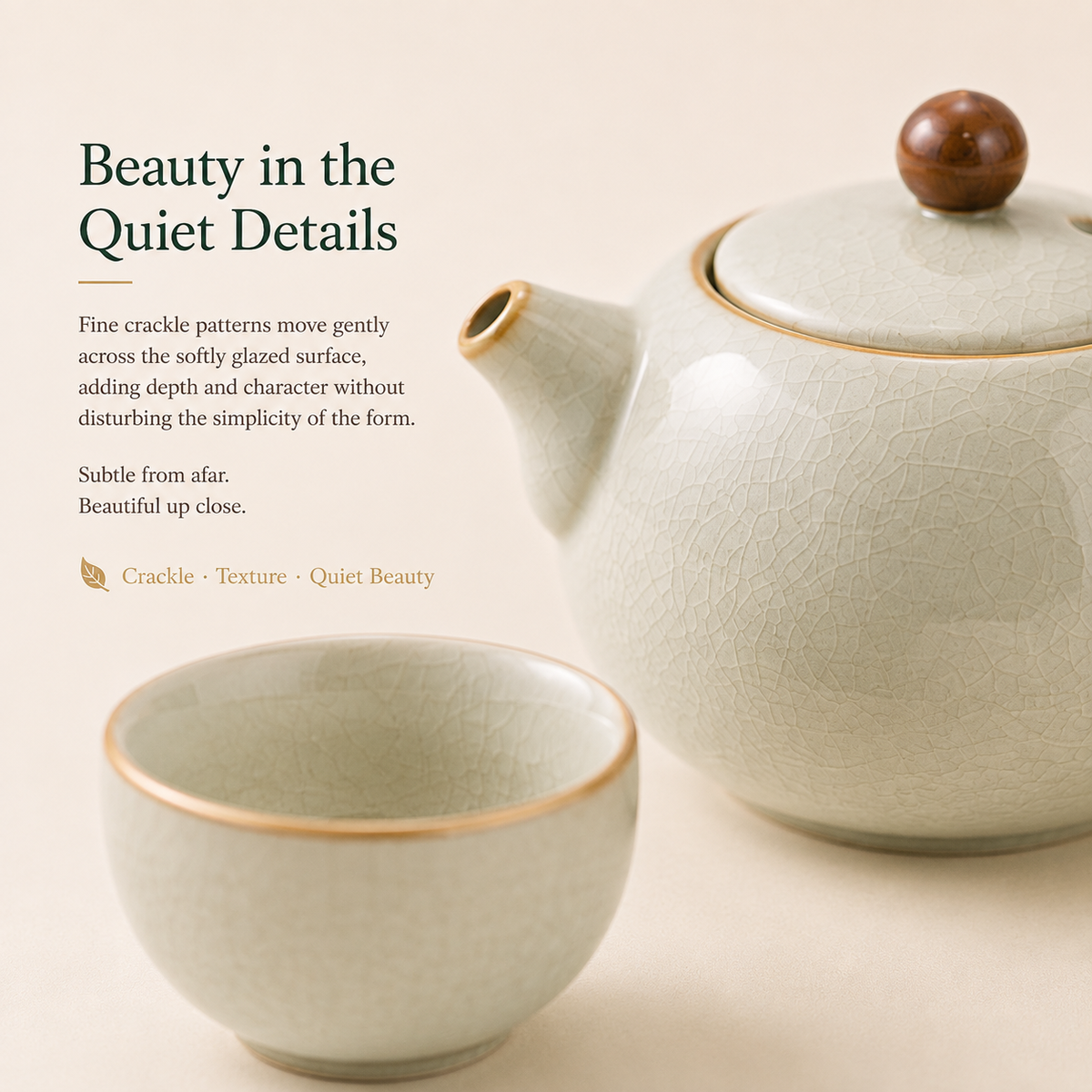 Warm Ivory Ru Ware Tea Set – 160 mL Teapot 4 Cups & Tray