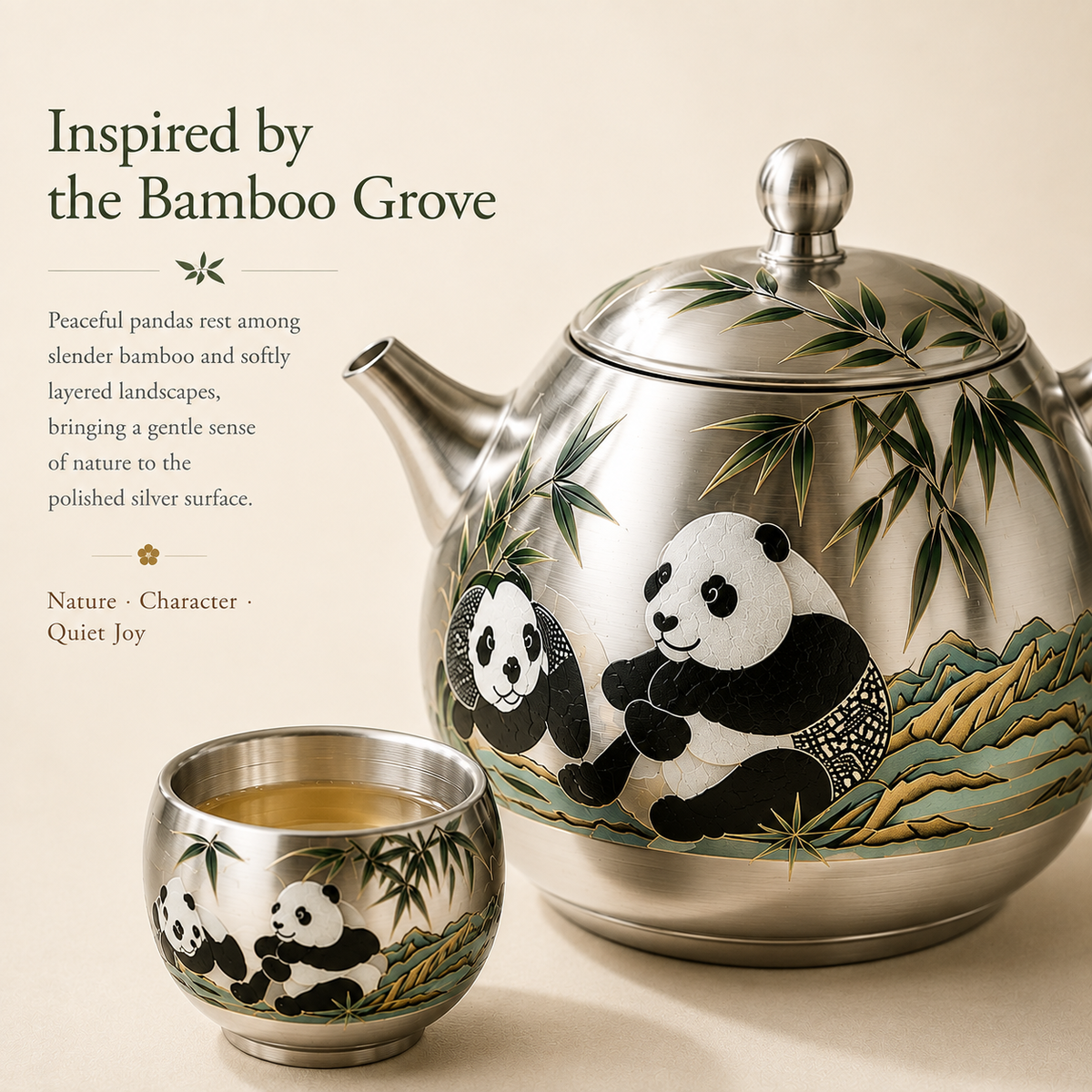 Panda & Bamboo Silver-Toned Tea Set – Teapot & 2 Cups