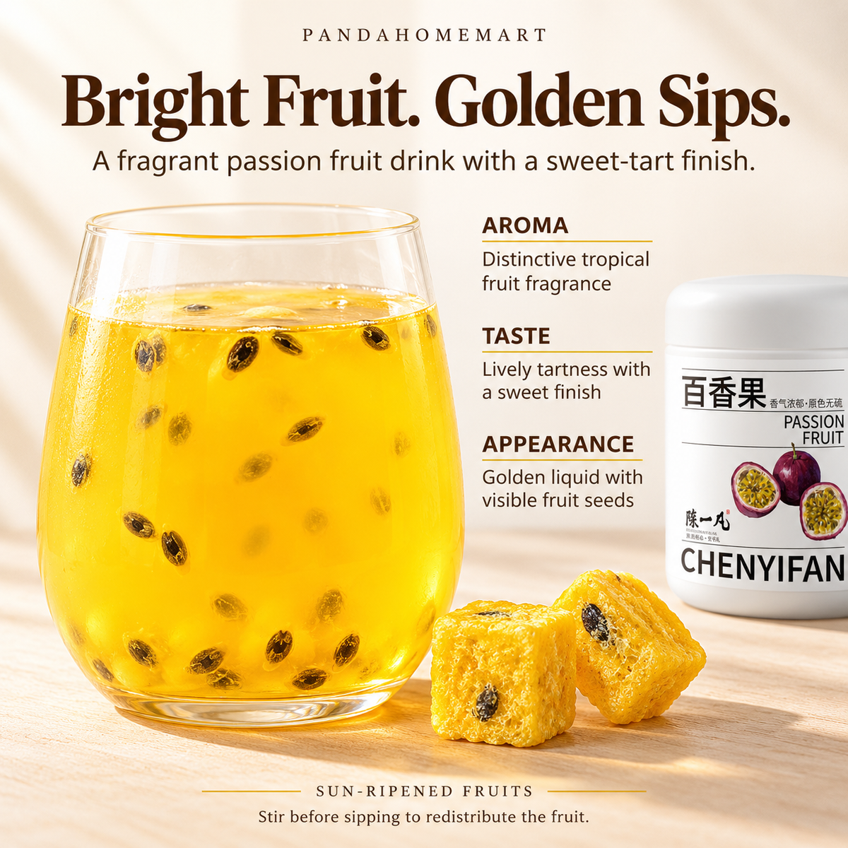 Golden Freeze-Dried Passion Fruit Cubes with Natural Seeds