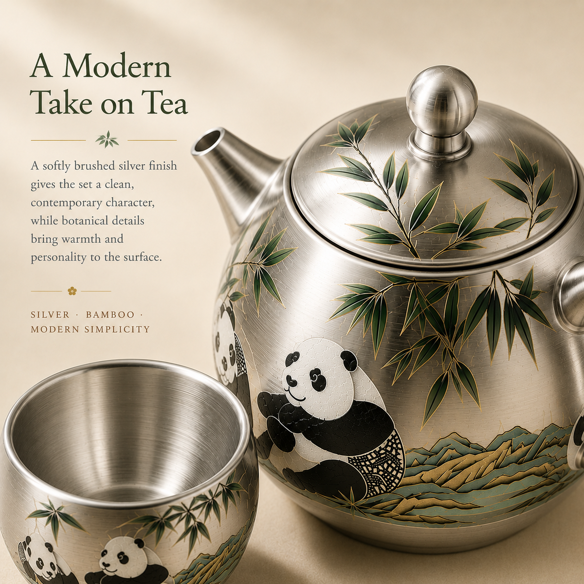 Panda & Bamboo Silver-Toned Tea Set – Teapot & 2 Cups