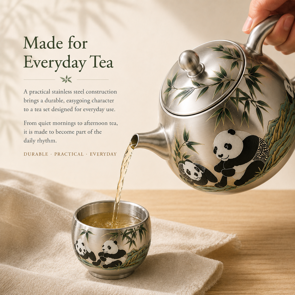 Panda & Bamboo Silver-Toned Tea Set – Teapot & 2 Cups