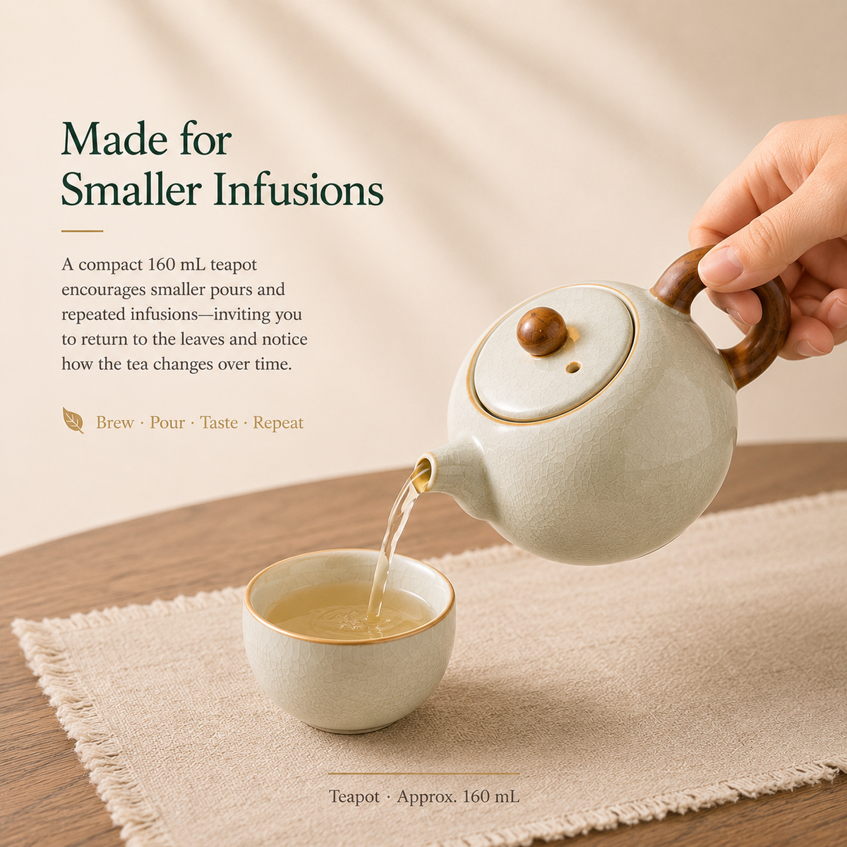 Warm Ivory Ru Ware Tea Set – 160 mL Teapot 4 Cups & Tray