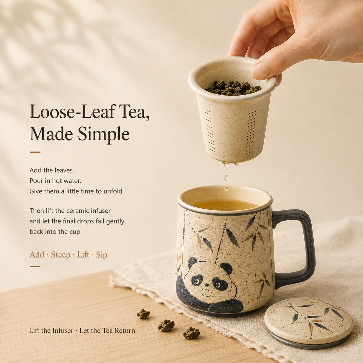 Panda & Bamboo Ceramic Infuser Mug with Lid – 320 mL