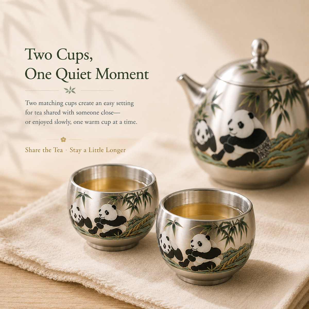 Panda & Bamboo Silver-Toned Tea Set – Teapot & 2 Cups