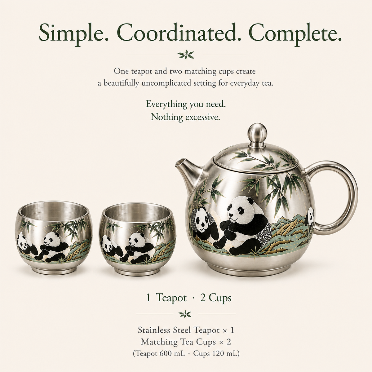 Panda & Bamboo Silver-Toned Tea Set – Teapot & 2 Cups