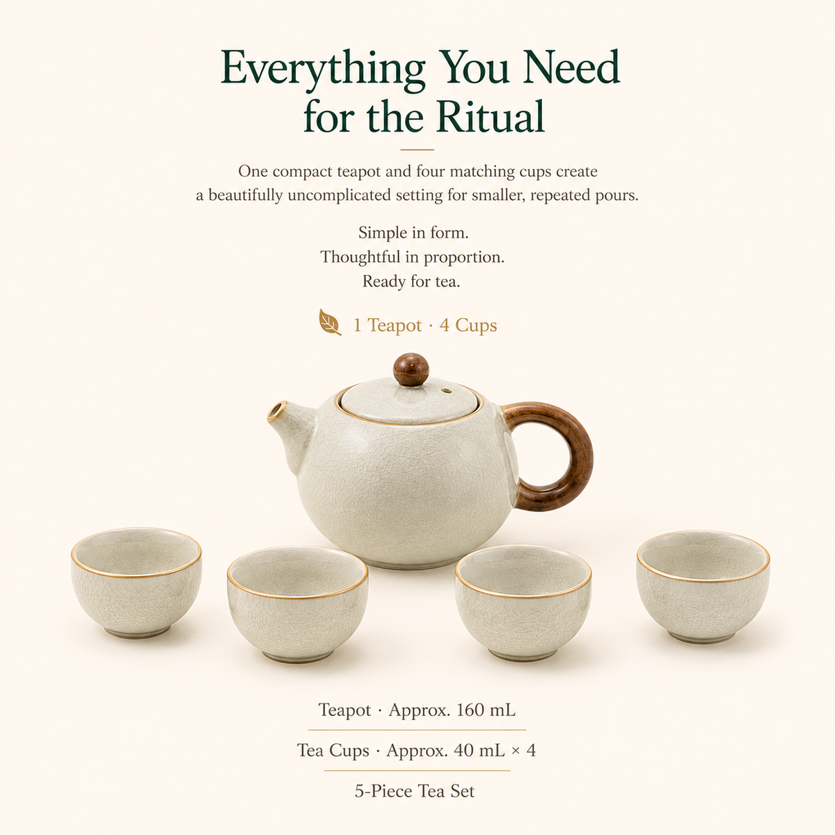 Warm Ivory Ru Ware Tea Set – 160 mL Teapot 4 Cups & Tray