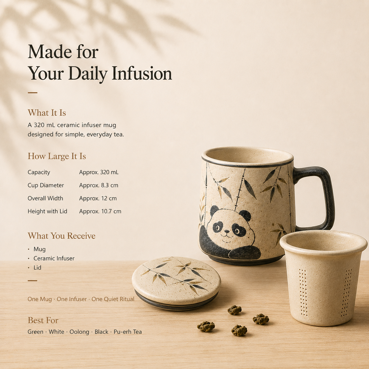 Panda & Bamboo Ceramic Infuser Mug with Lid – 320 mL
