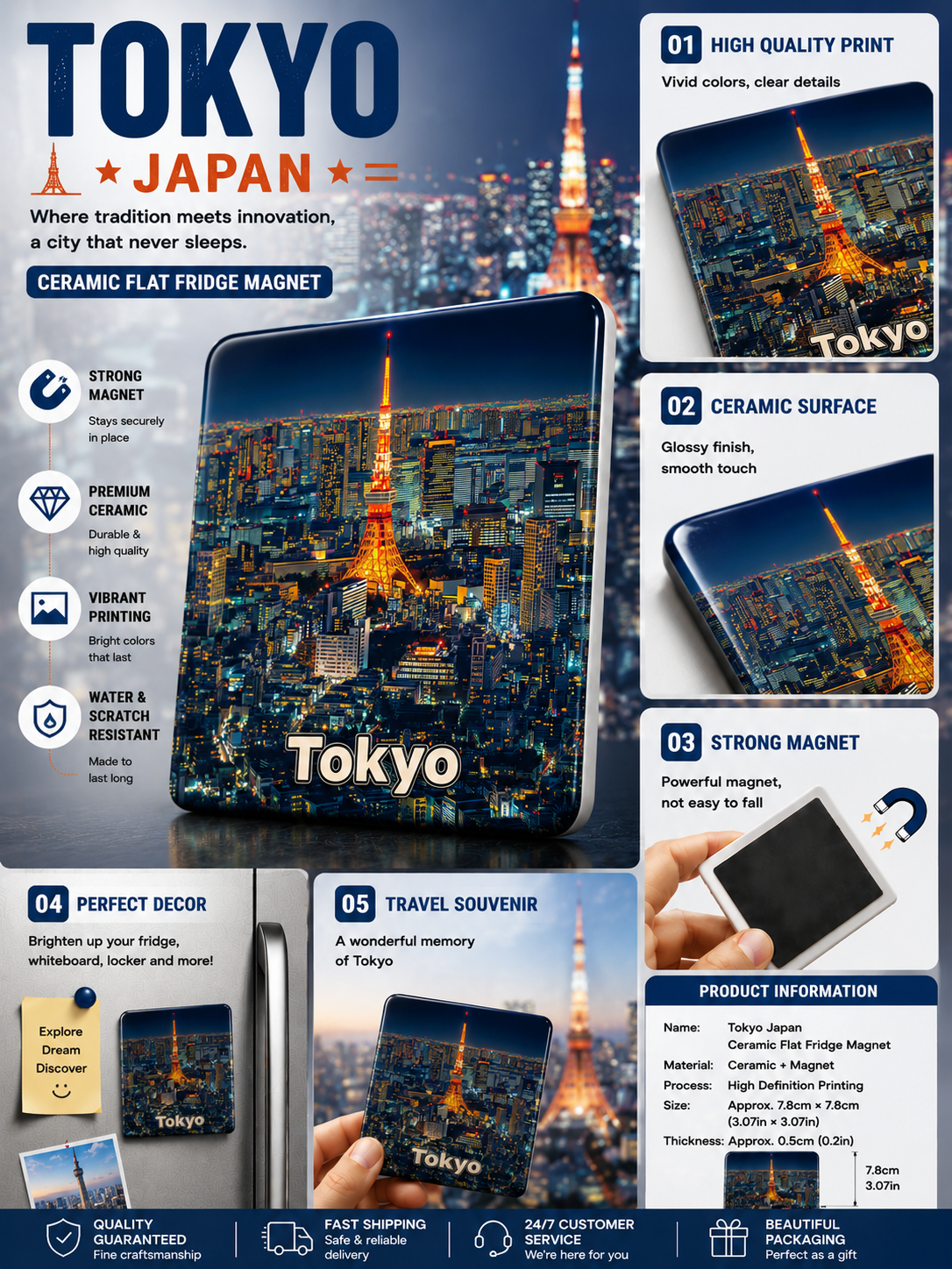 Tokyo Japan Ceramic Fridge Magnet – Tokyo Tower Night Skyline Travel Souvenir Magnet | Japanese City Refrigerator Decor Gift