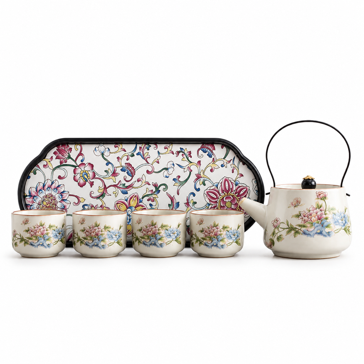 Eastern Garden Ceramic Tea Set – Teapot, 4 Cups & Tray