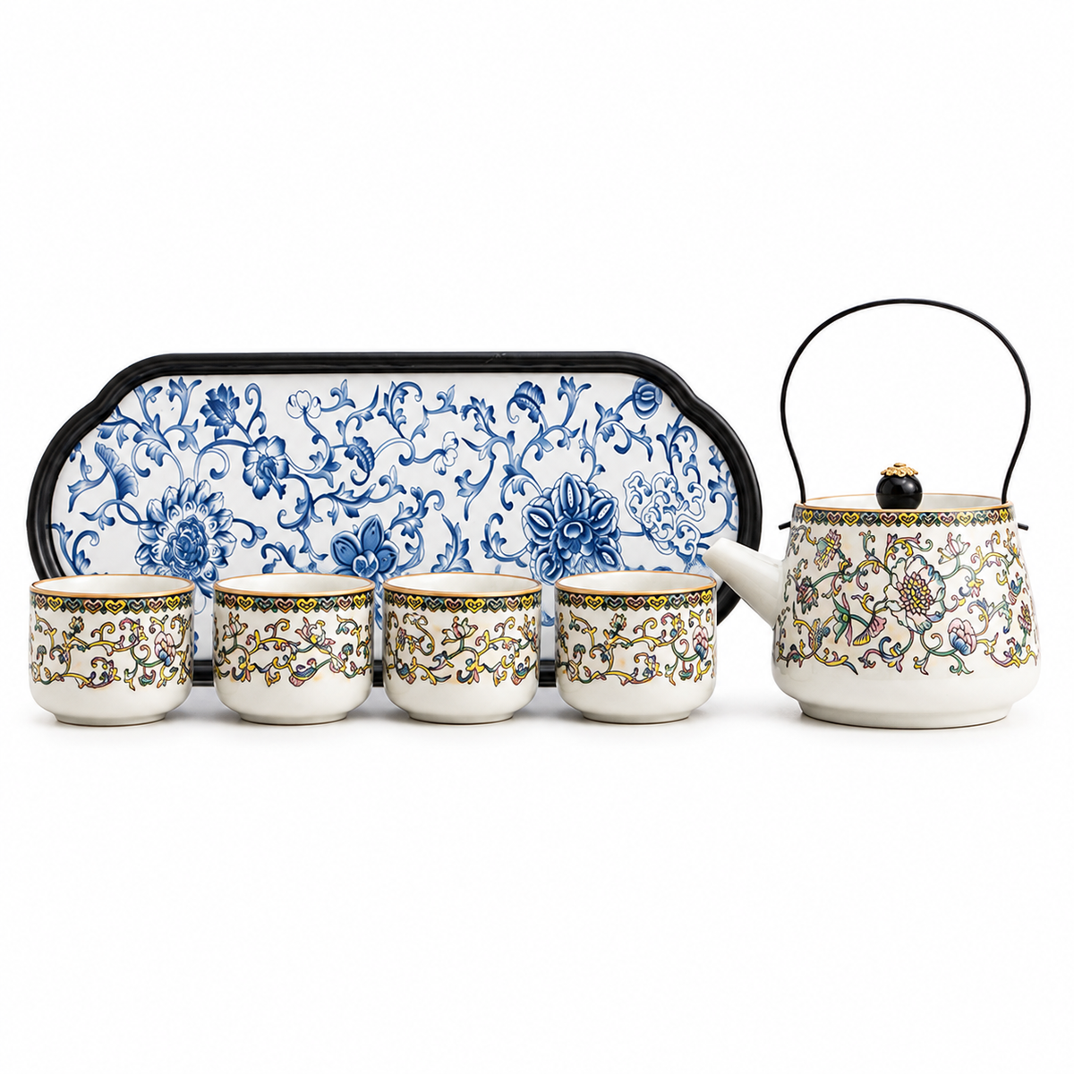 Eastern Garden Ceramic Tea Set – Teapot, 4 Cups & Tray