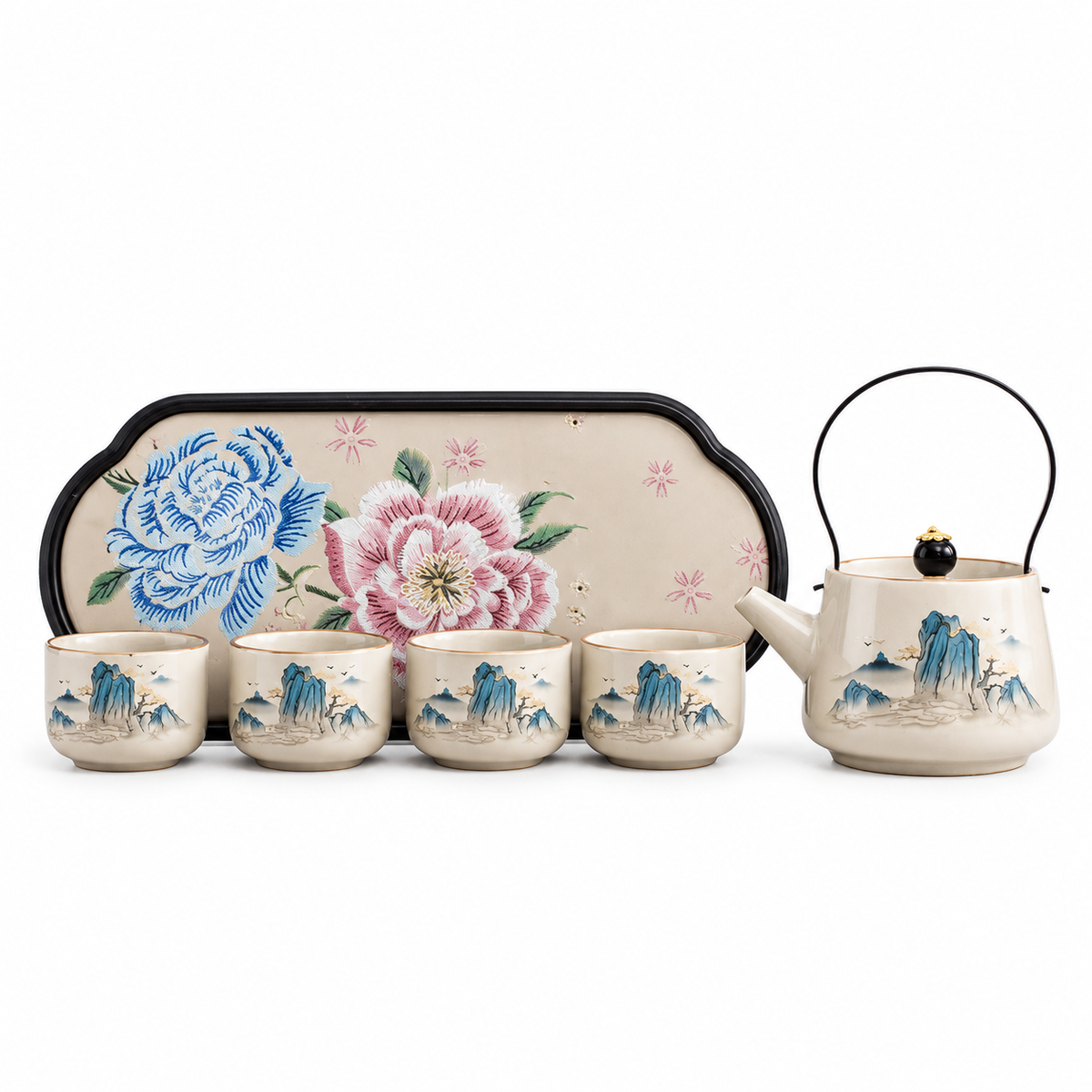 Eastern Garden Ceramic Tea Set – Teapot, 4 Cups & Tray