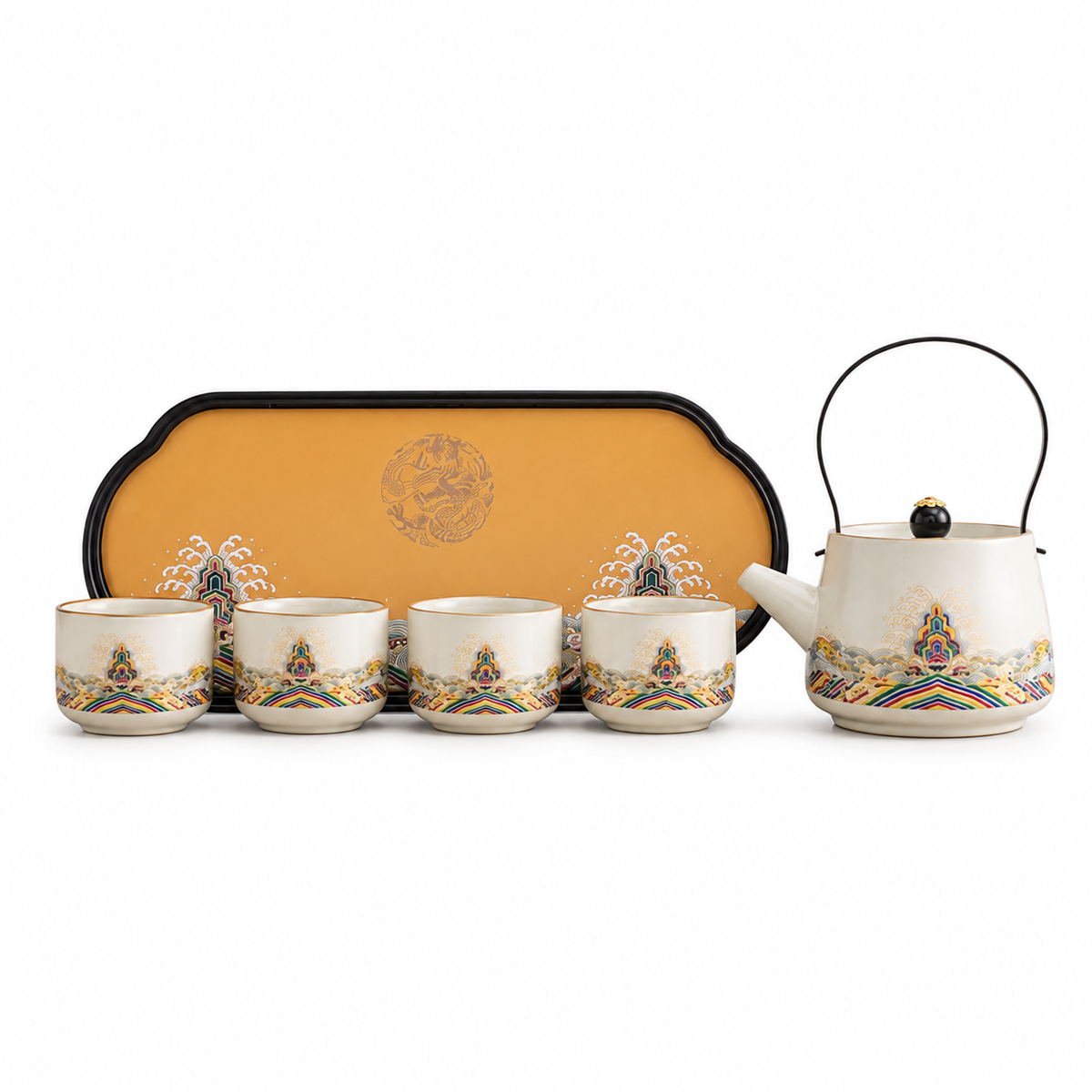 Eastern Garden Ceramic Tea Set – Teapot, 4 Cups & Tray