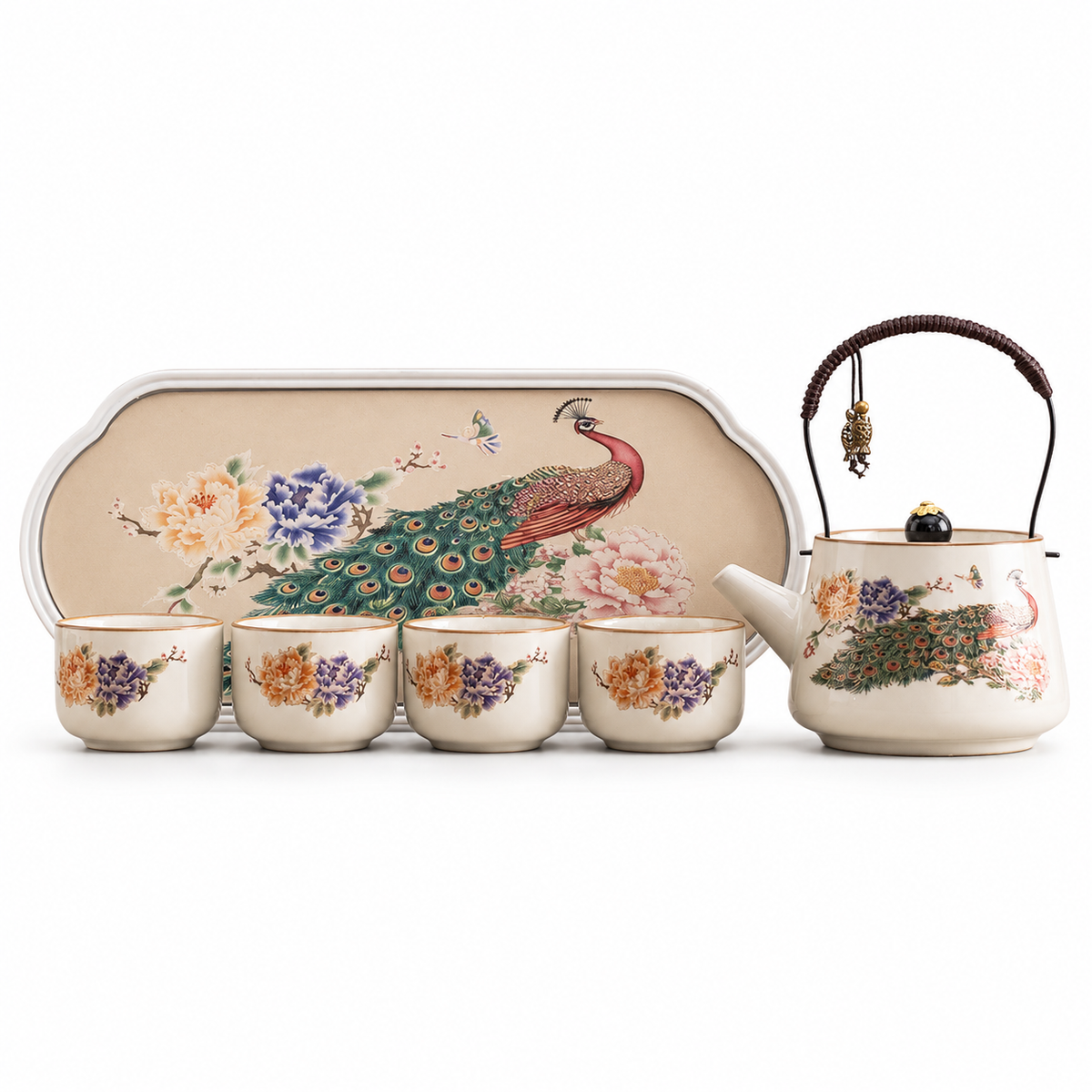 Eastern Garden Ceramic Tea Set – Teapot, 4 Cups & Tray