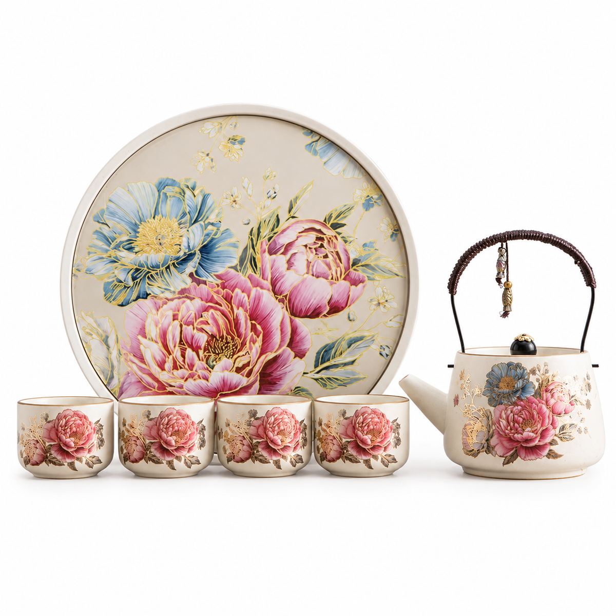 Eastern Garden Ceramic Tea Set – Teapot, 4 Cups & Tray