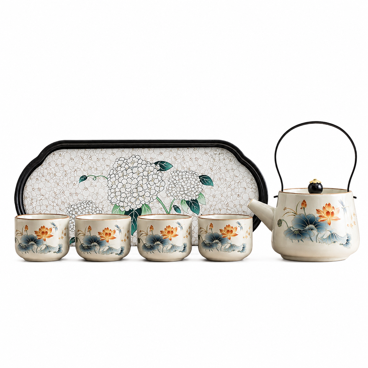 Flourishing Garden Ceramic Tea Set – Teapot 4 Cups & Tray