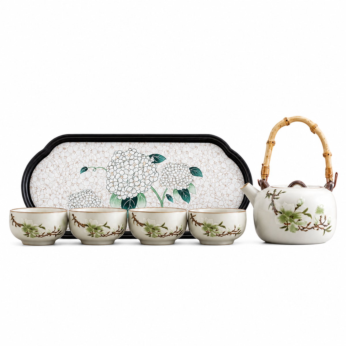 Flourishing Garden Ceramic Tea Set – Teapot 4 Cups & Tray