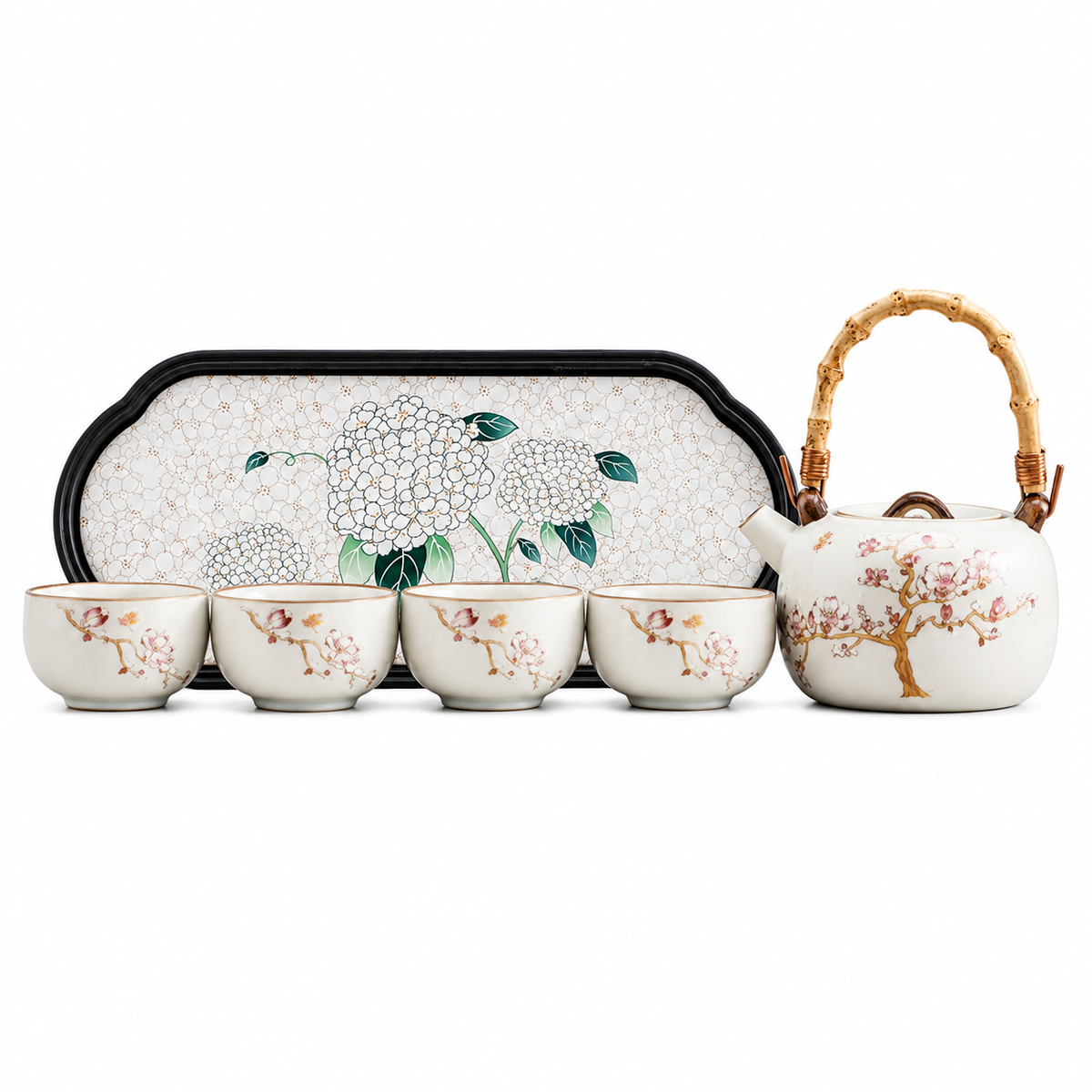 Flourishing Garden Ceramic Tea Set – Teapot 4 Cups & Tray
