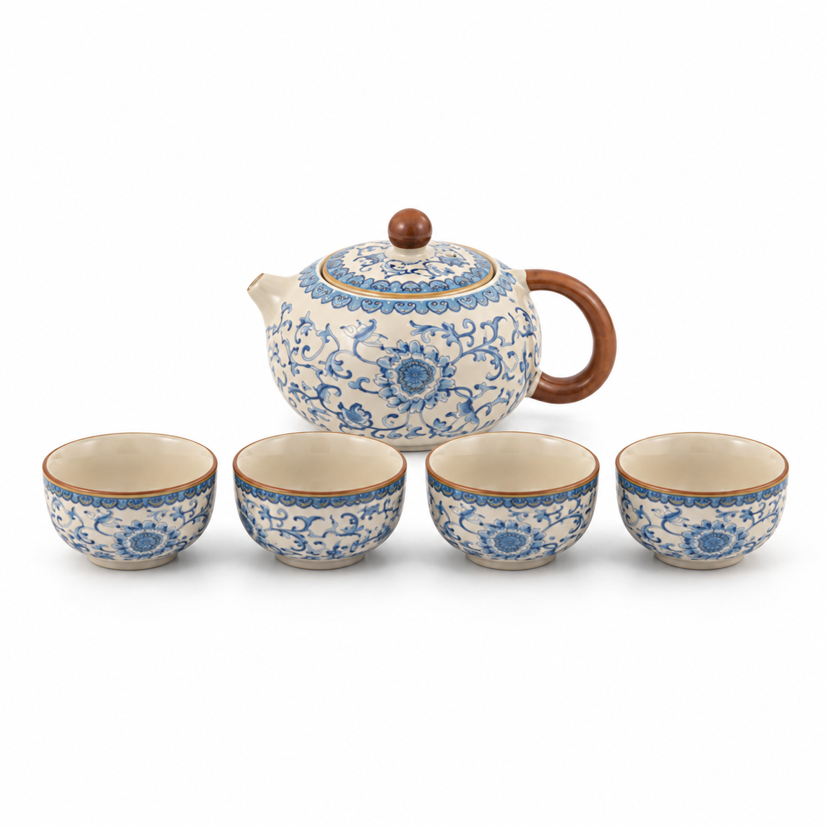 Blue Blossom Ceramic Tea Set – 220 mL Teapot & 4 Cups