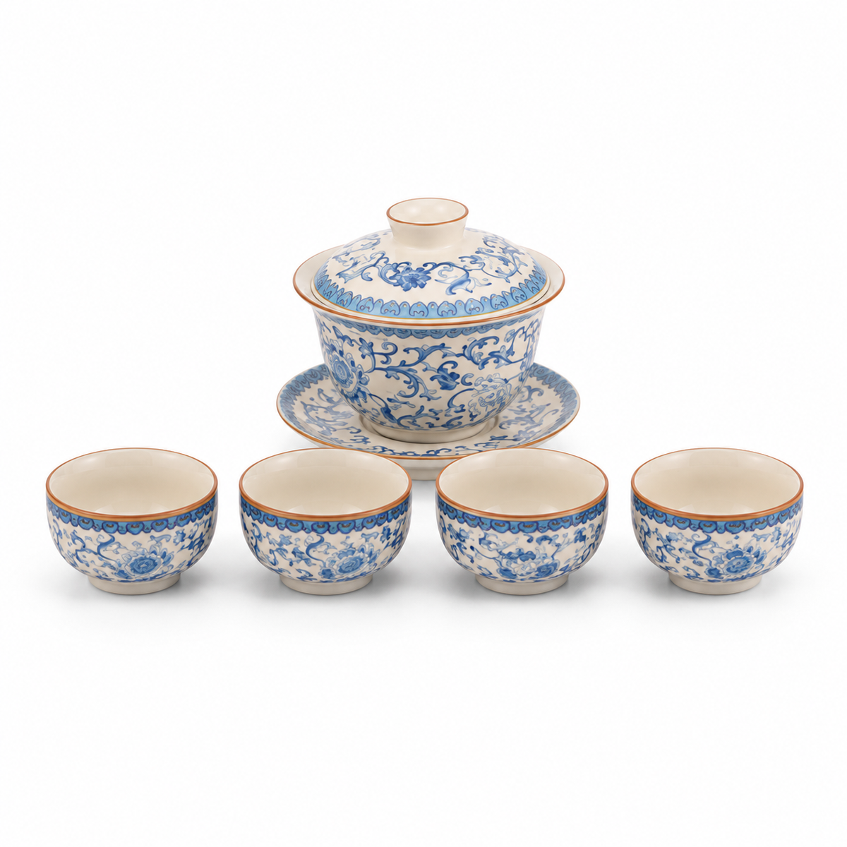 Blue Blossom Ceramic Tea Set – 220 mL Teapot & 4 Cups