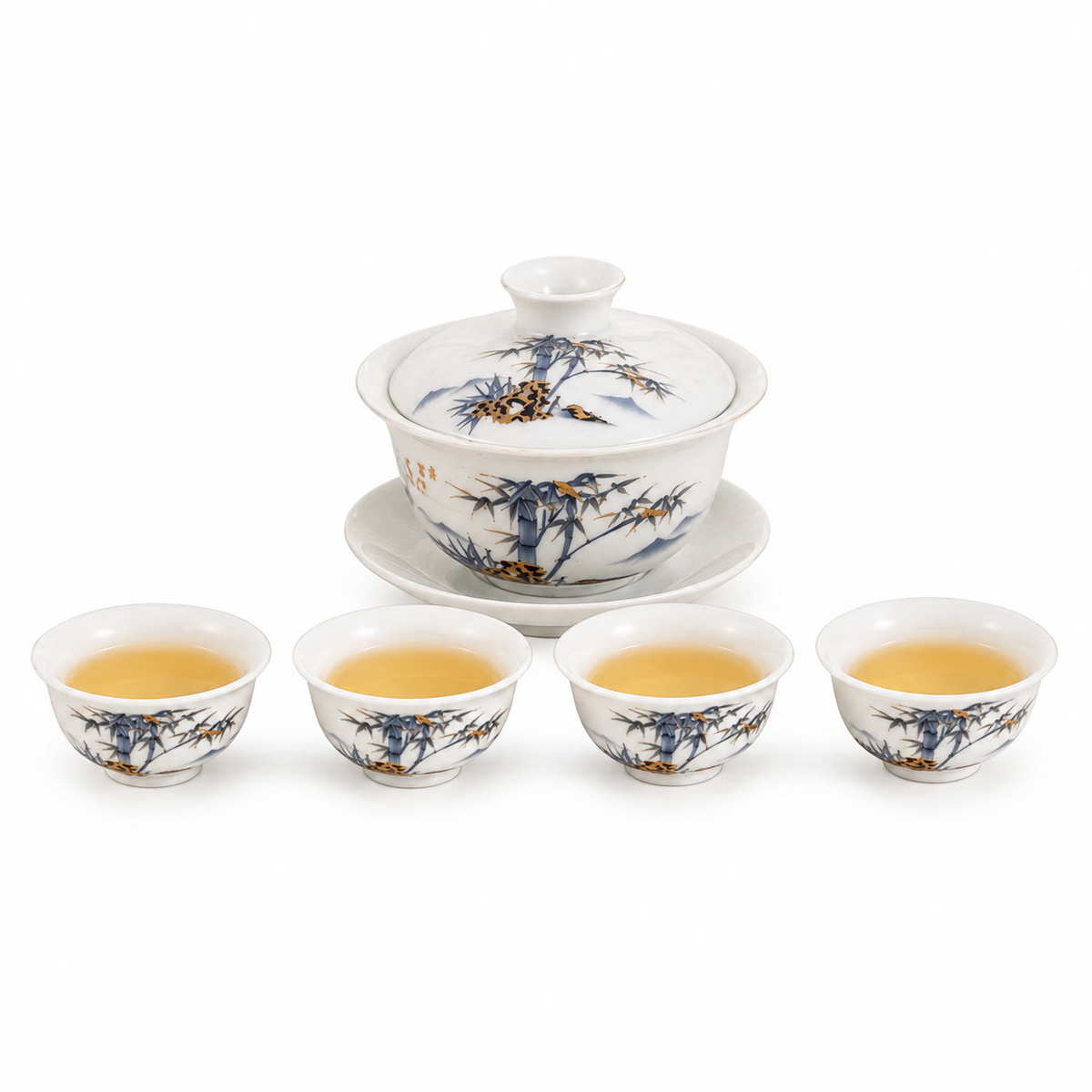 Ink Bamboo Ceramic Tea Set – 190 mL Teapot 4 Cups & Tray