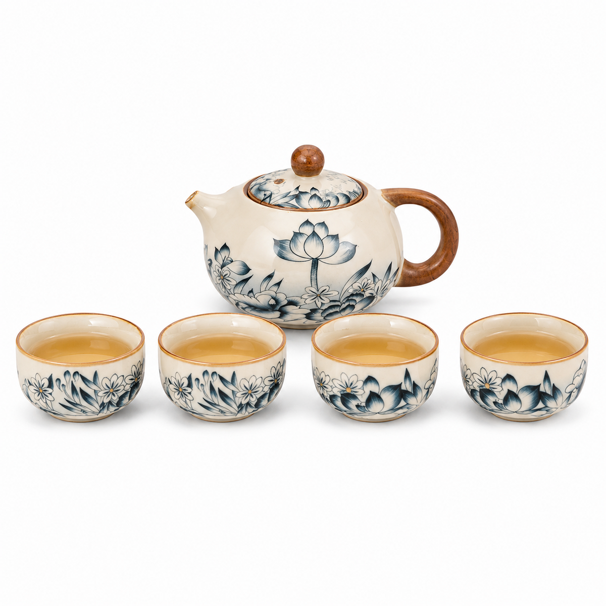 Ink Bamboo Ceramic Tea Set – 190 mL Teapot 4 Cups & Tray