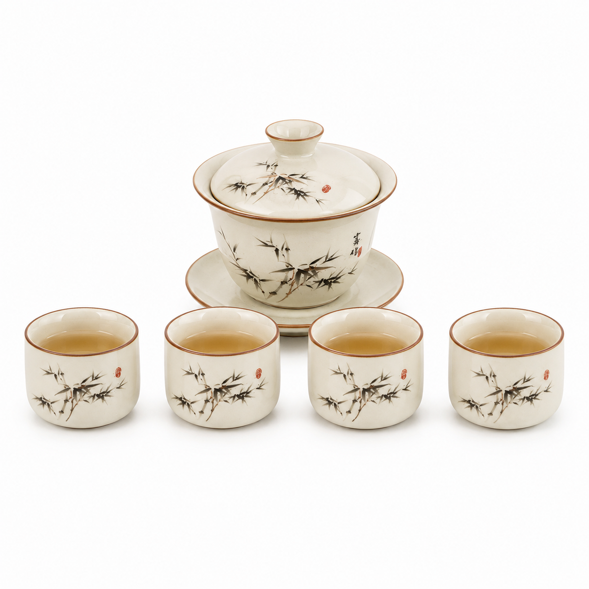 Ink Bamboo Ceramic Tea Set – 190 mL Teapot 4 Cups & Tray