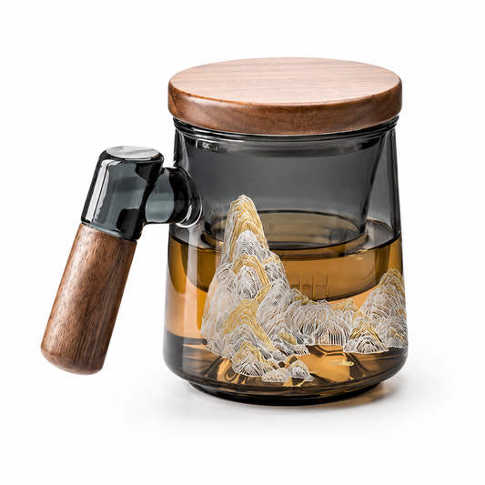 Thousand Li Landscape high-borosilicate glass infuser mug with removable tea filter solid wood lid and Chinese mountain design