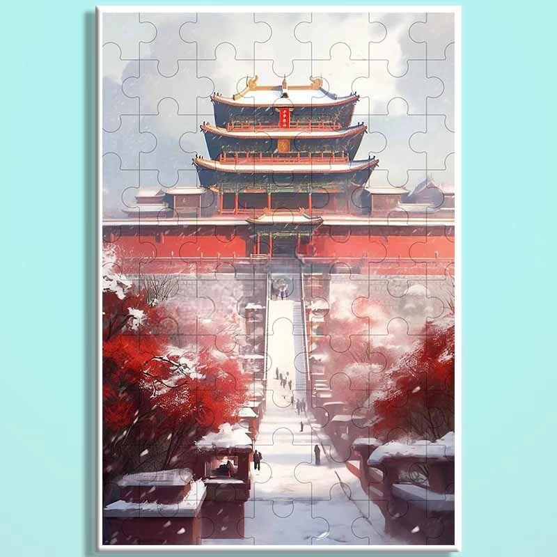 Forbidden City Snowfall Wooden Puzzle – Chinese Palace Winter Landscape Jigsaw, Oriental Snow Scene Puzzle Art for Adults & Cozy Home Decor FC010