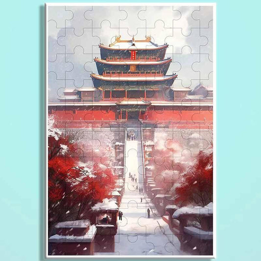 Forbidden City Snowfall Wooden Puzzle – Chinese Palace Winter Landscape Jigsaw, Oriental Snow Scene Puzzle Art for Adults & Cozy Home Decor FC010
