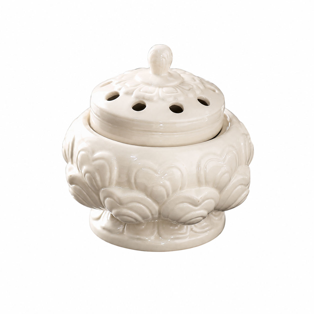 Handcrafted ivory ceramic Lotus Incense Burner with embossed lotus petals and decorative lid, designed for incense sticks, cones, meditation, tea ceremonies, and Zen home décor.