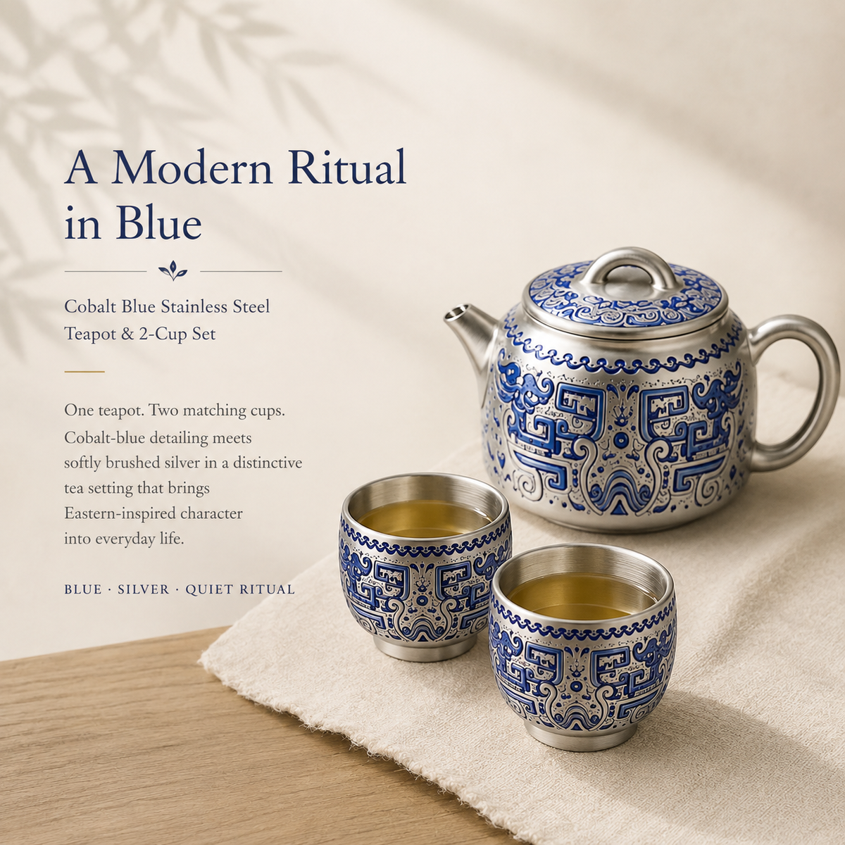 Heritage Blue Silver-Toned Tea Set – Teapot & 2 Cups