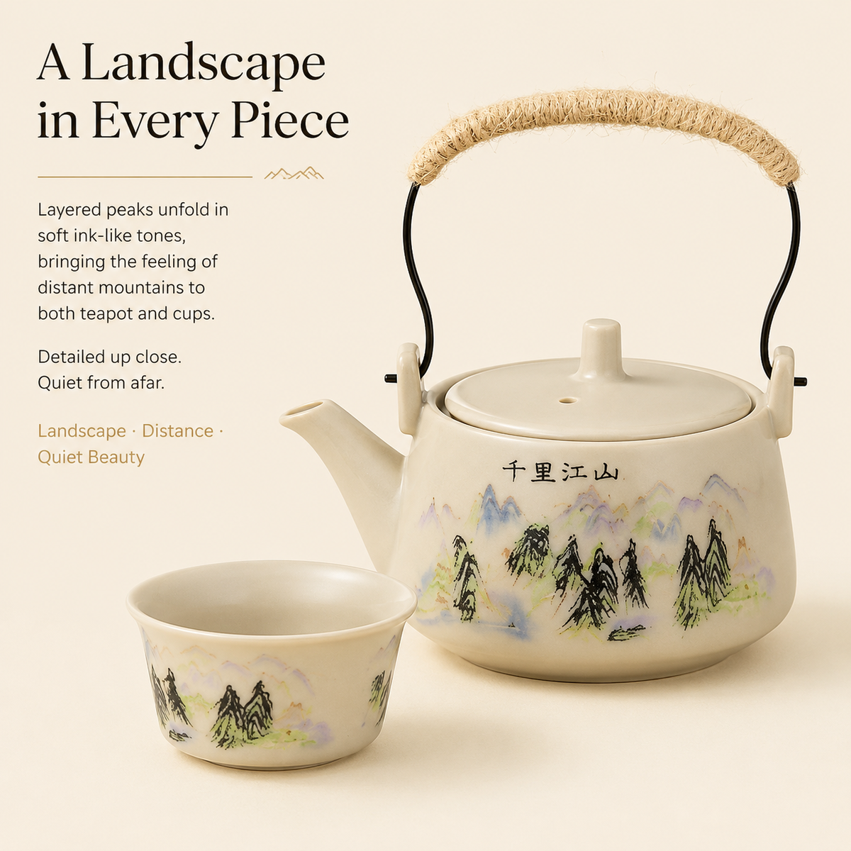 Thousand Li Landscape Tea Set – Teapot, 4 Cups & Tray