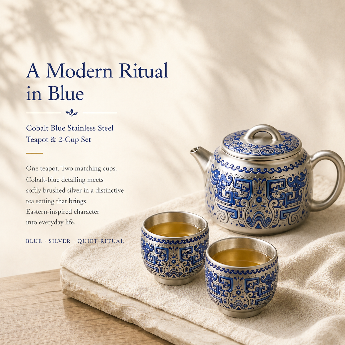 Heritage Blue Silver-Toned Tea Set – Teapot & 2 Cups