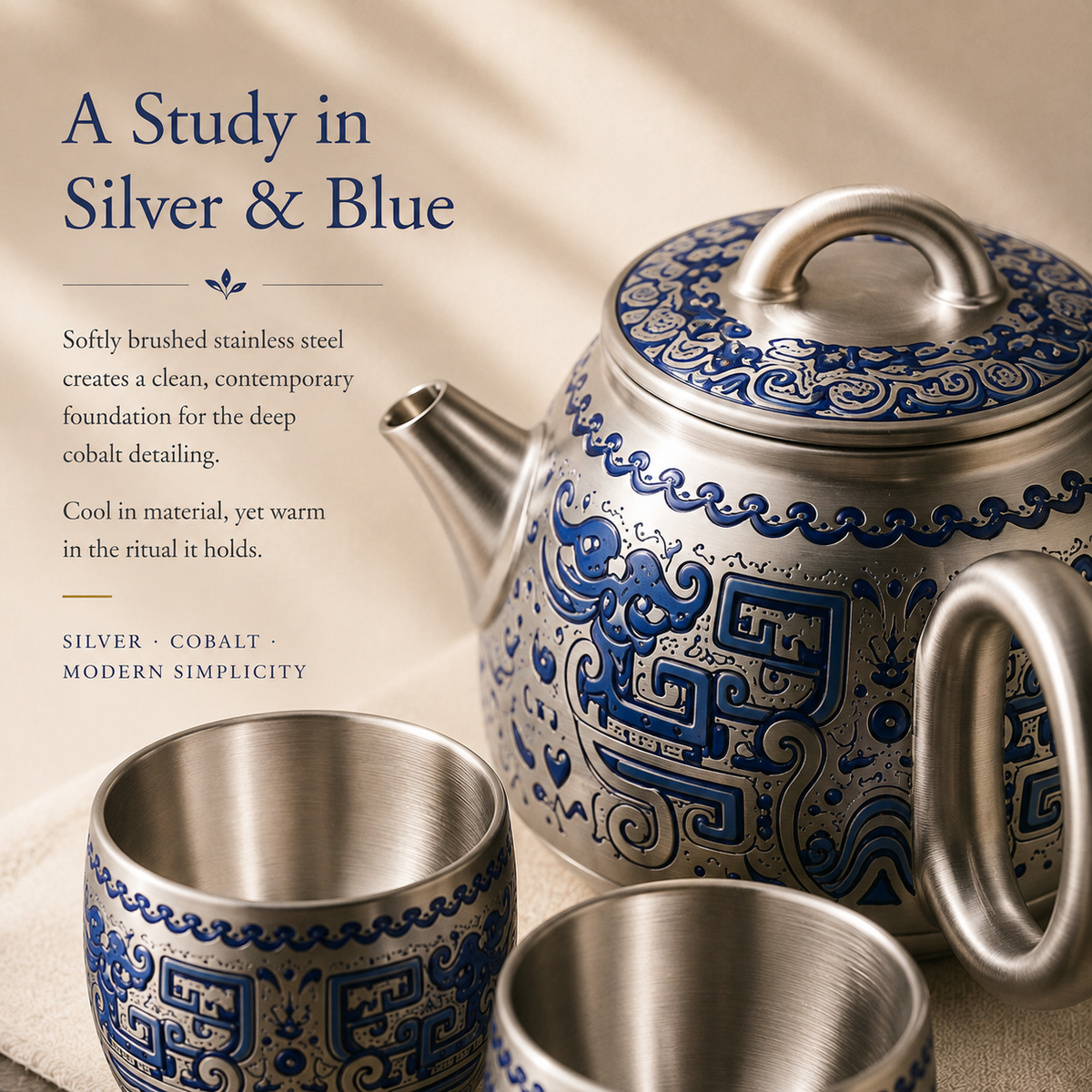 Heritage Blue Silver-Toned Tea Set – Teapot & 2 Cups