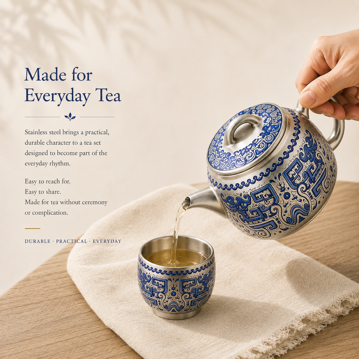 Heritage Blue Silver-Toned Tea Set – Teapot & 2 Cups