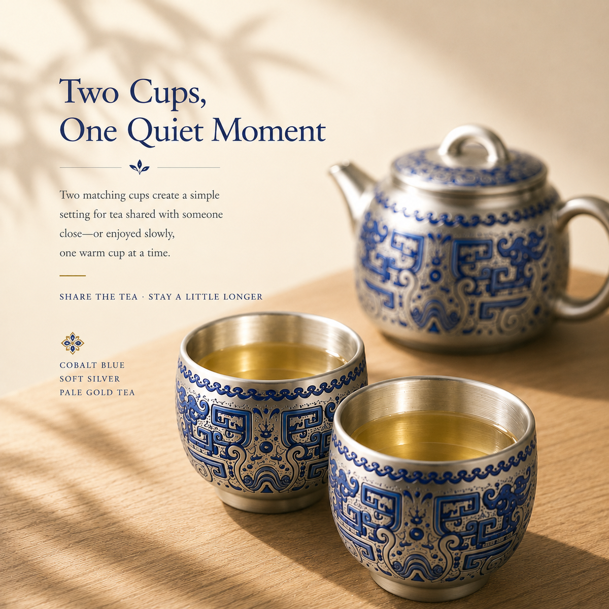 Heritage Blue Silver-Toned Tea Set – Teapot & 2 Cups