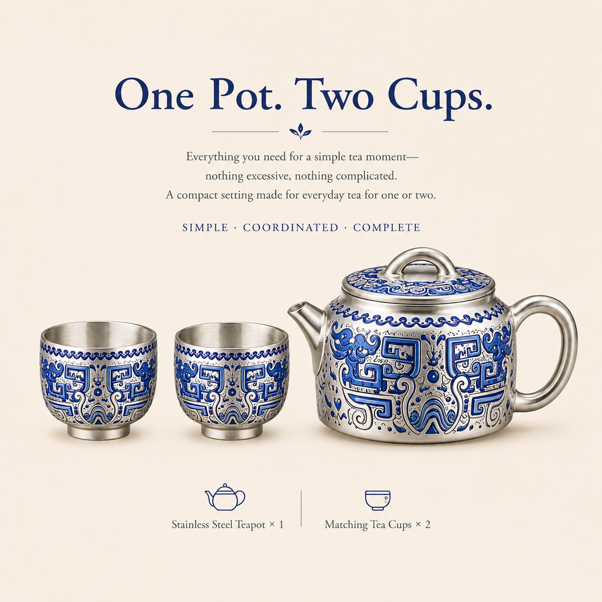 Heritage Blue Silver-Toned Tea Set – Teapot & 2 Cups