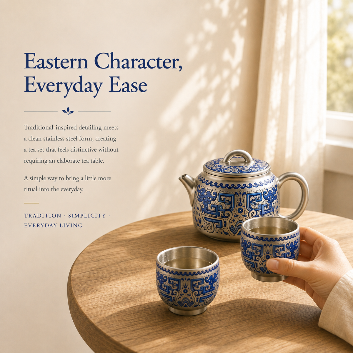 Heritage Blue Silver-Toned Tea Set – Teapot & 2 Cups