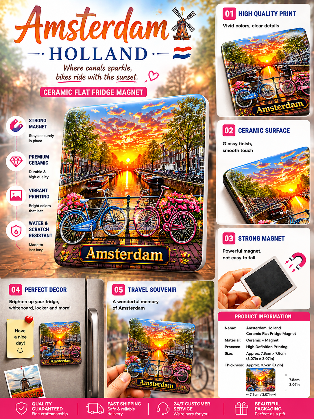 Amsterdam Holland Ceramic Fridge Magnet – Netherlands Canal Sunset Travel Souvenir Magnet | Amsterdam Bicycle Refrigerator Decor Gift