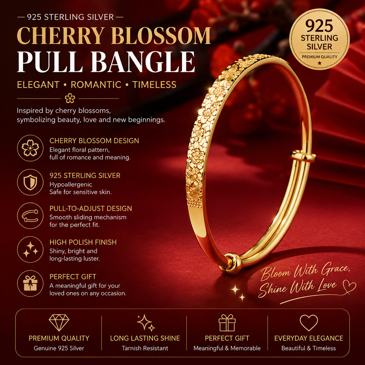 925 Pure Silver Sakura Adjustable Bangle – Vintage Chinese Floral Bracelet, Luxury Gold Tone Push-Pull Cuff Jewelry for Women