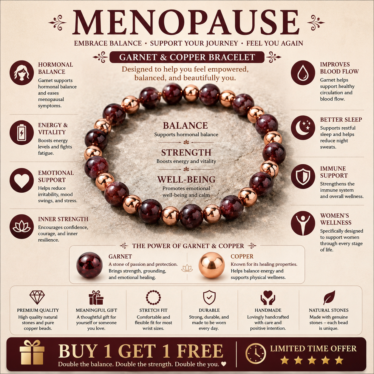 Menopause Garnet & Copper Bracelet™ | Crystal Wellness Bracelet for Balance & Renewal