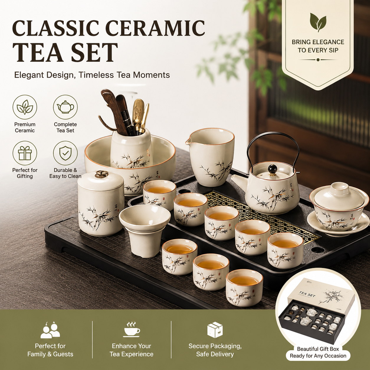 Bamboo Harmony Ceramic Tea Set™ | Traditional Chinese Gongfu Tea Set Gift Collection