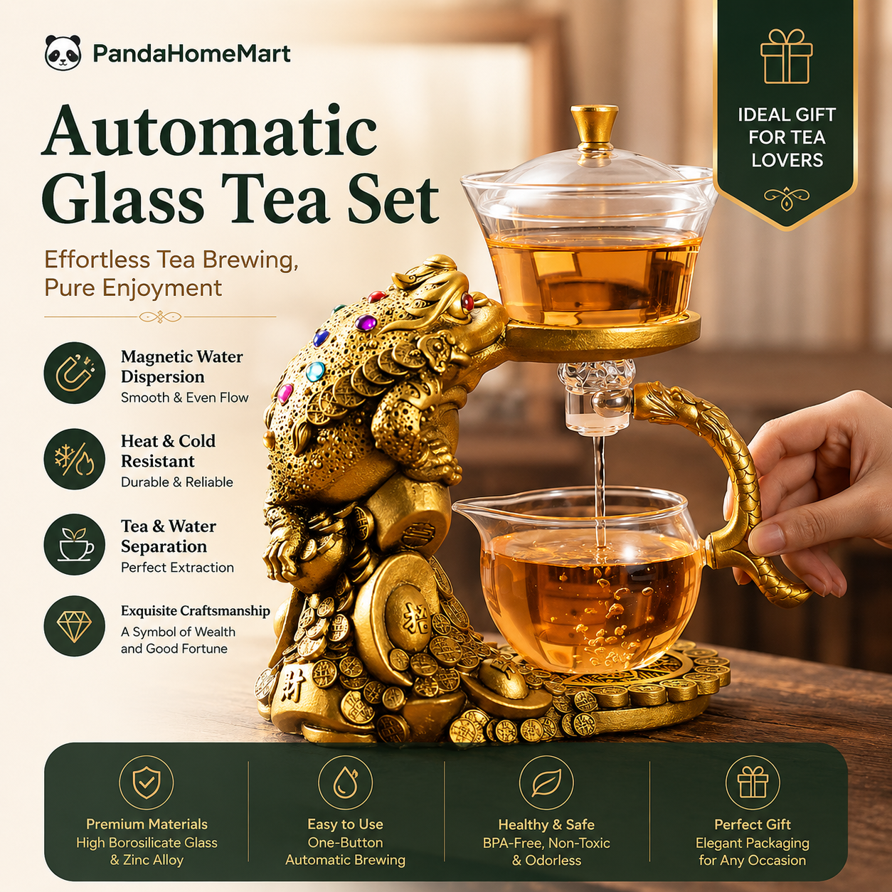 Golden Fortune Toad Automatic Glass Tea Set™ | Luxury Gongfu Tea Set for Prosperity & Success