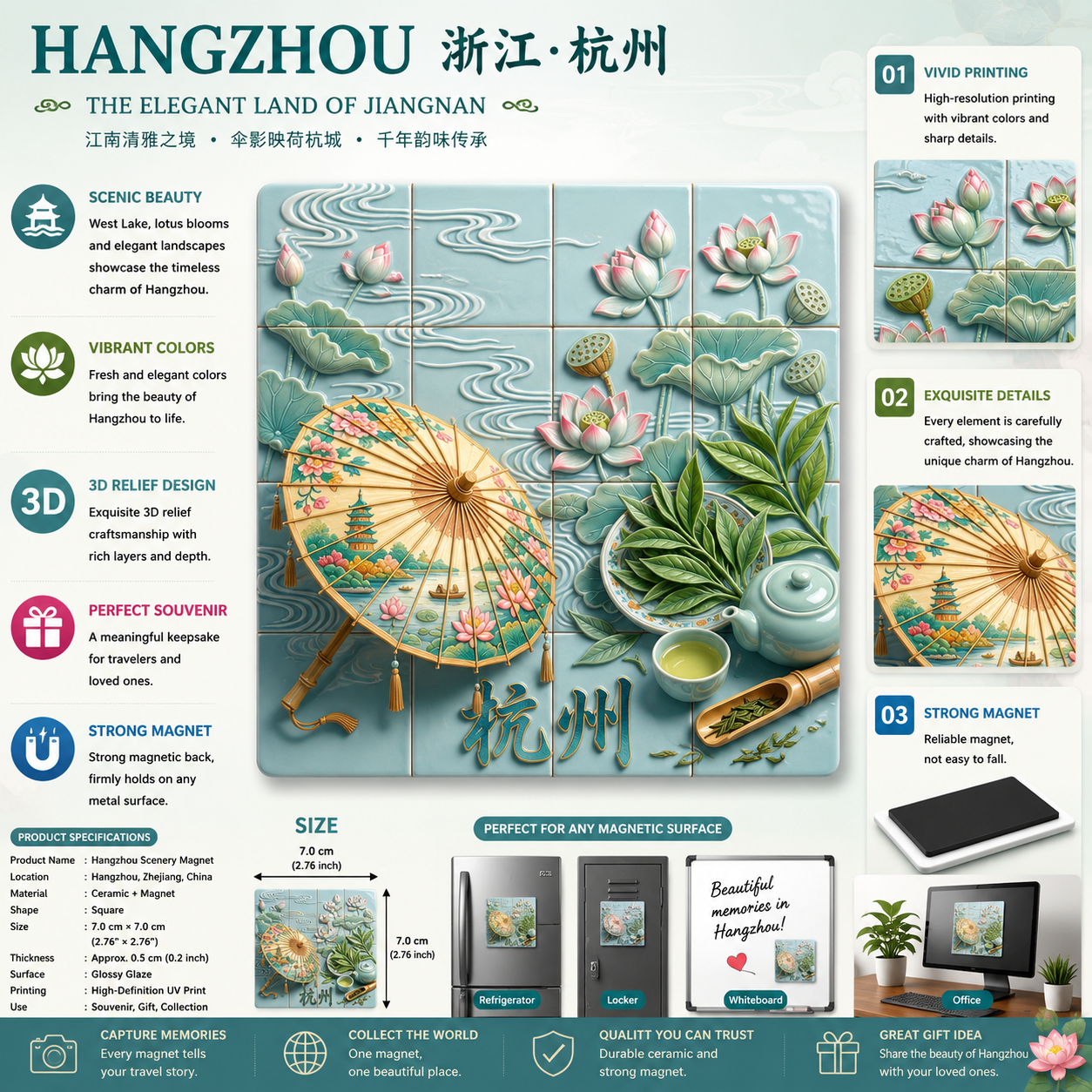 Hangzhou Lotus Tea Serenity Ceramic Fridge Magnet – Tea Culture & Oriental Aesthetics Collection