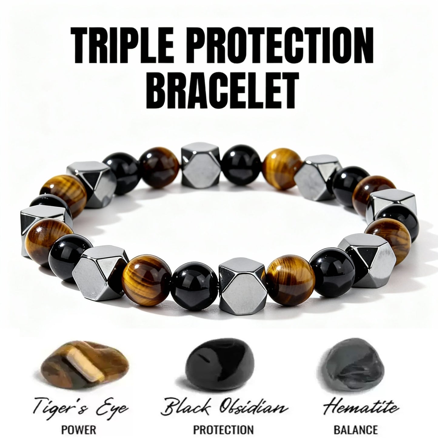 2pcs Triple Protection Bracelet - Tiger's Eye, Black Obsidian & Hematite | Men's Protection Crystal Bracelet for Strength, Grounding & Energy Shield