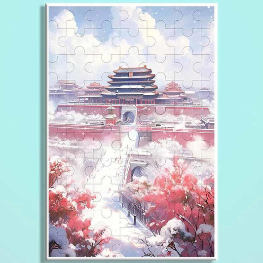 Forbidden City Snowfall Wooden Puzzle – Chinese Palace Winter Landscape Jigsaw, Oriental Snow Scene Puzzle Art for Adults & Cozy Home Decor FC011