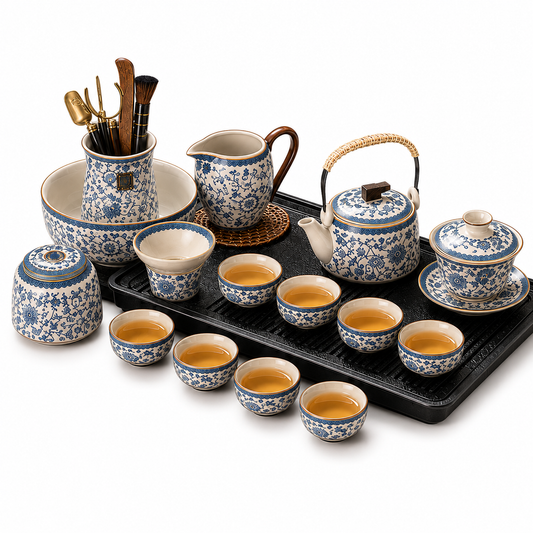 Blue & White Porcelain Gongfu Tea Set™ | Traditional Chinese Ceramic Tea Set with Wooden Handle & 8 Cups