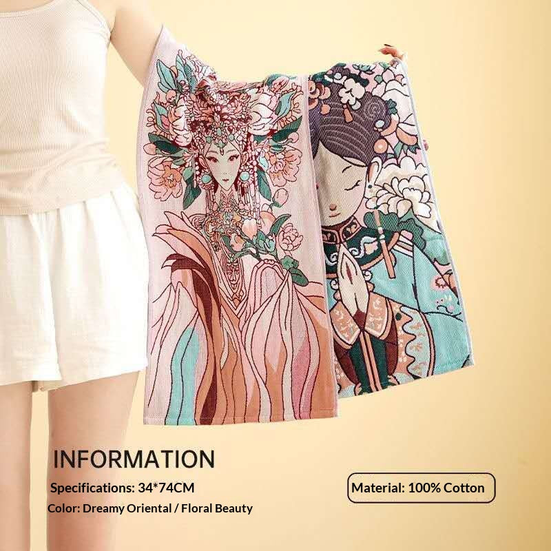 Chinese Beauty Cotton Gauze Bath Towel – Oriental Floral Maiden Soft Absorbent Asian Aesthetic Towel