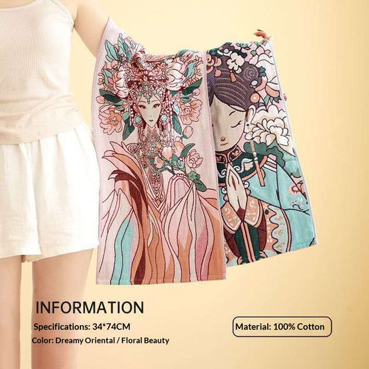 Chinese Beauty Cotton Gauze Bath Towel – Oriental Floral Maiden Soft Absorbent Asian Aesthetic Towel